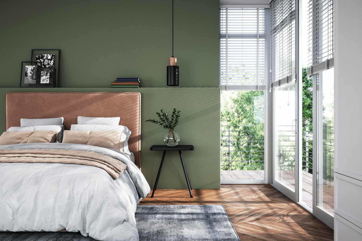 chambre à coucher moderne avec murs verts et accents bruns, lumière naturelle