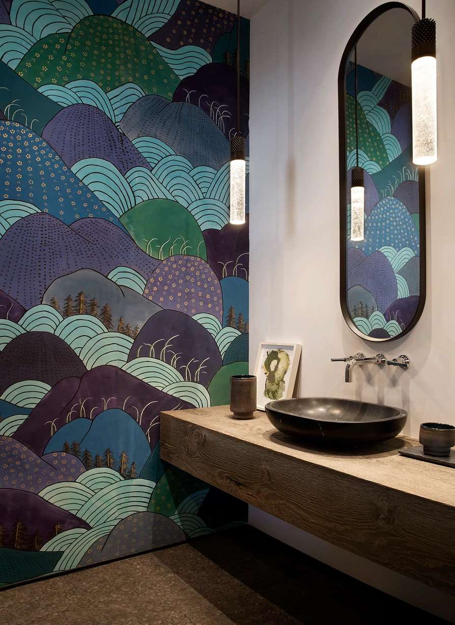 papier peint de salle de bain sur le thème de la montagne