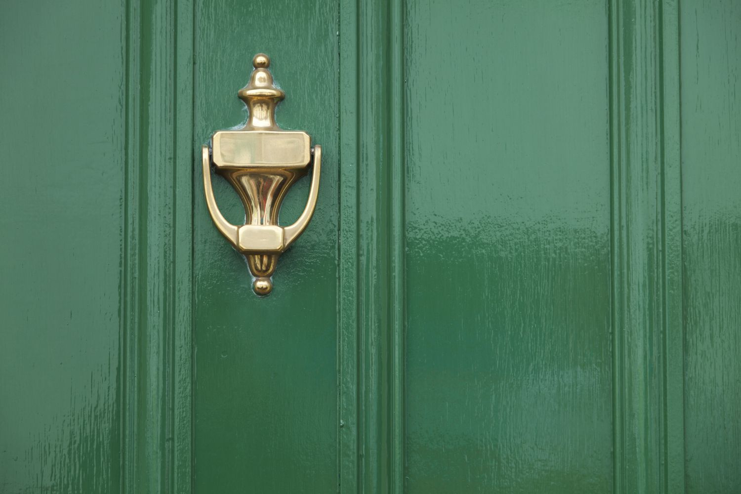 Gros plan sur une porte verte avec un heurtoir en laiton.