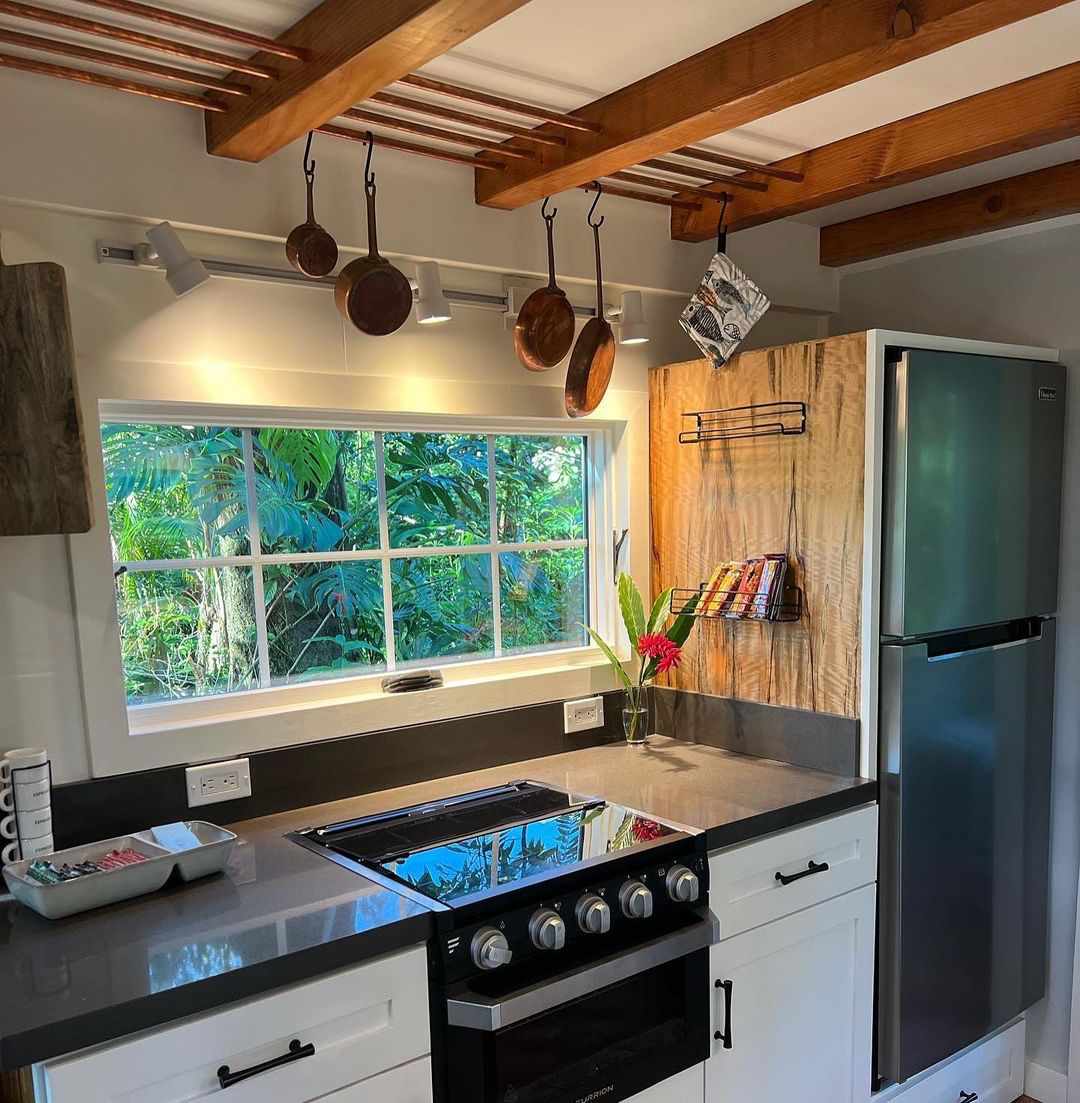 Idées de rangement pour tiny home, cuisine pour tiny home, casseroles et poêles, cuisinière, four, réfrigérateur