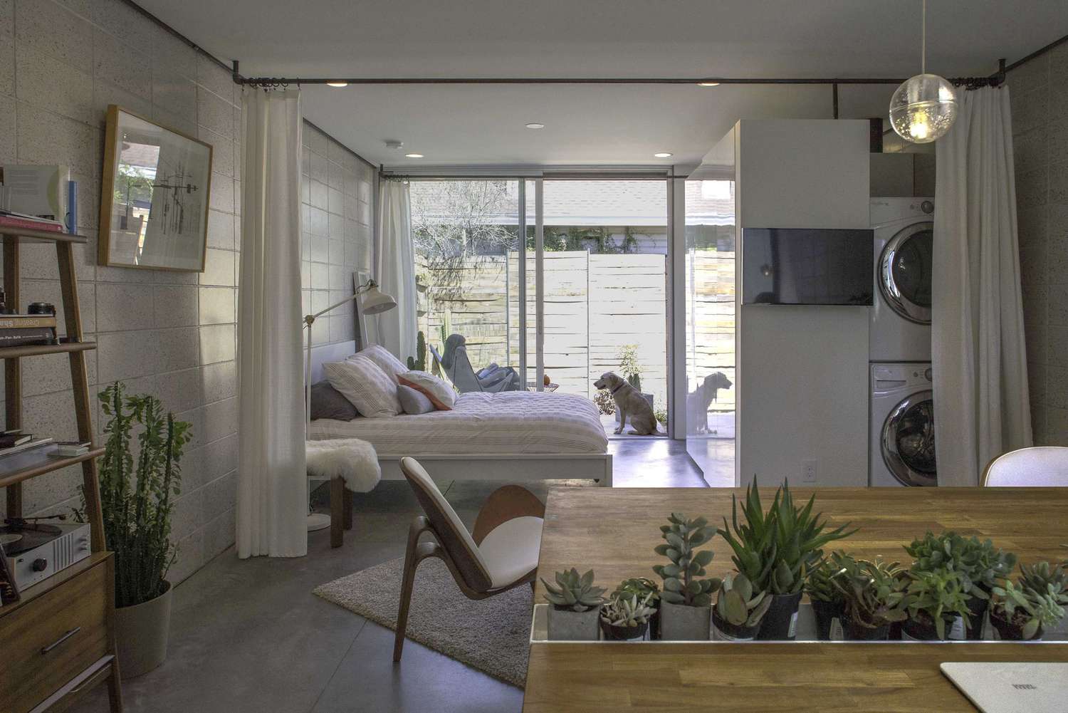Studio avec mur-rideau séparant la chambre du reste de l'appartement.
