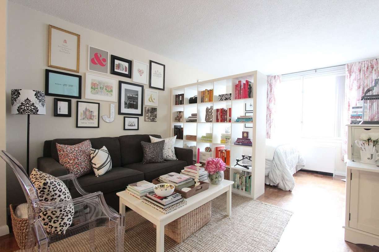 Studio avec bibliothèque séparant l'espace de vie de la chambre à coucher.