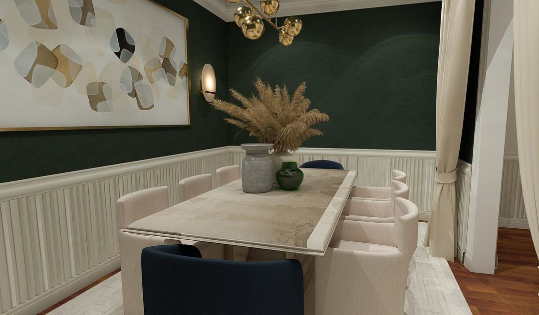 Salle à manger vert et blanc cassé.