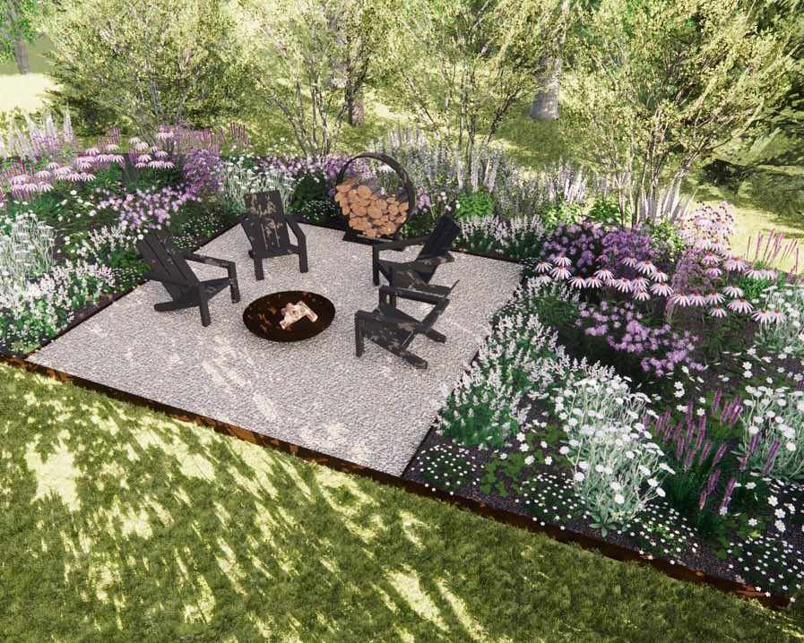 cour ombragée avec un parterre de fleurs, un foyer et un espace pour s'asseoir