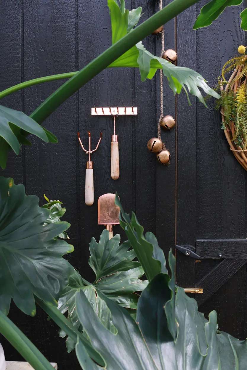 Mur d'une arrière-cour avec des outils de jardinage suspendus