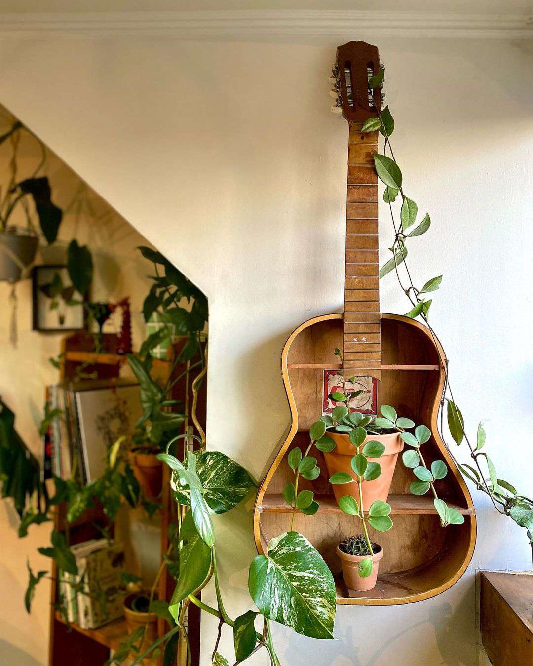 guitare transformée en étagère à plantes