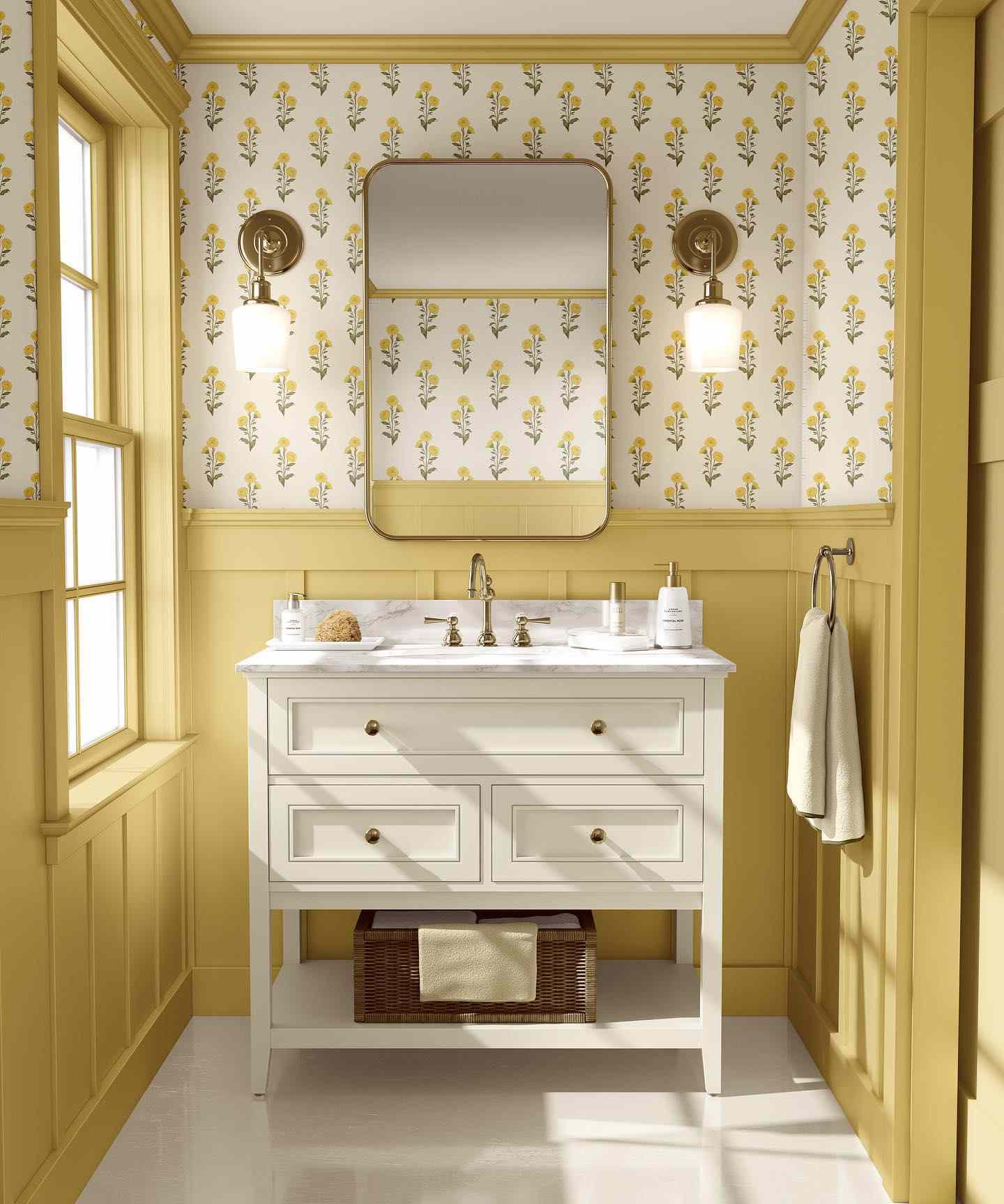 Salle de bain jaune avec papier peint floral