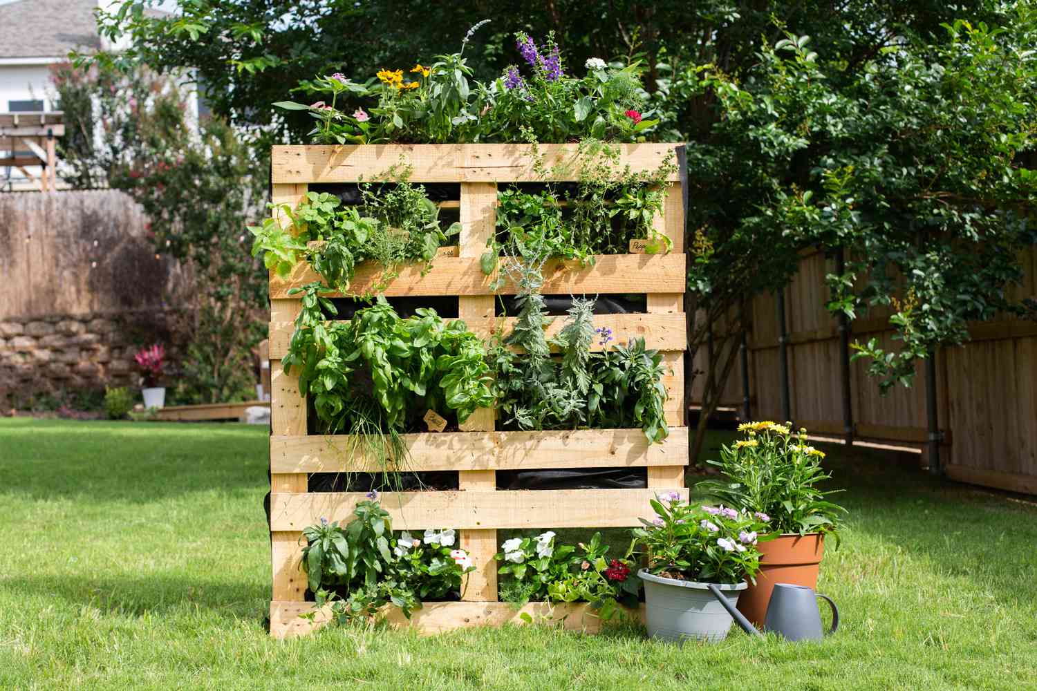 Jardinière faite de caisses de palettes mélangées avec différentes plantes vertes et fleurs dans le jardin.