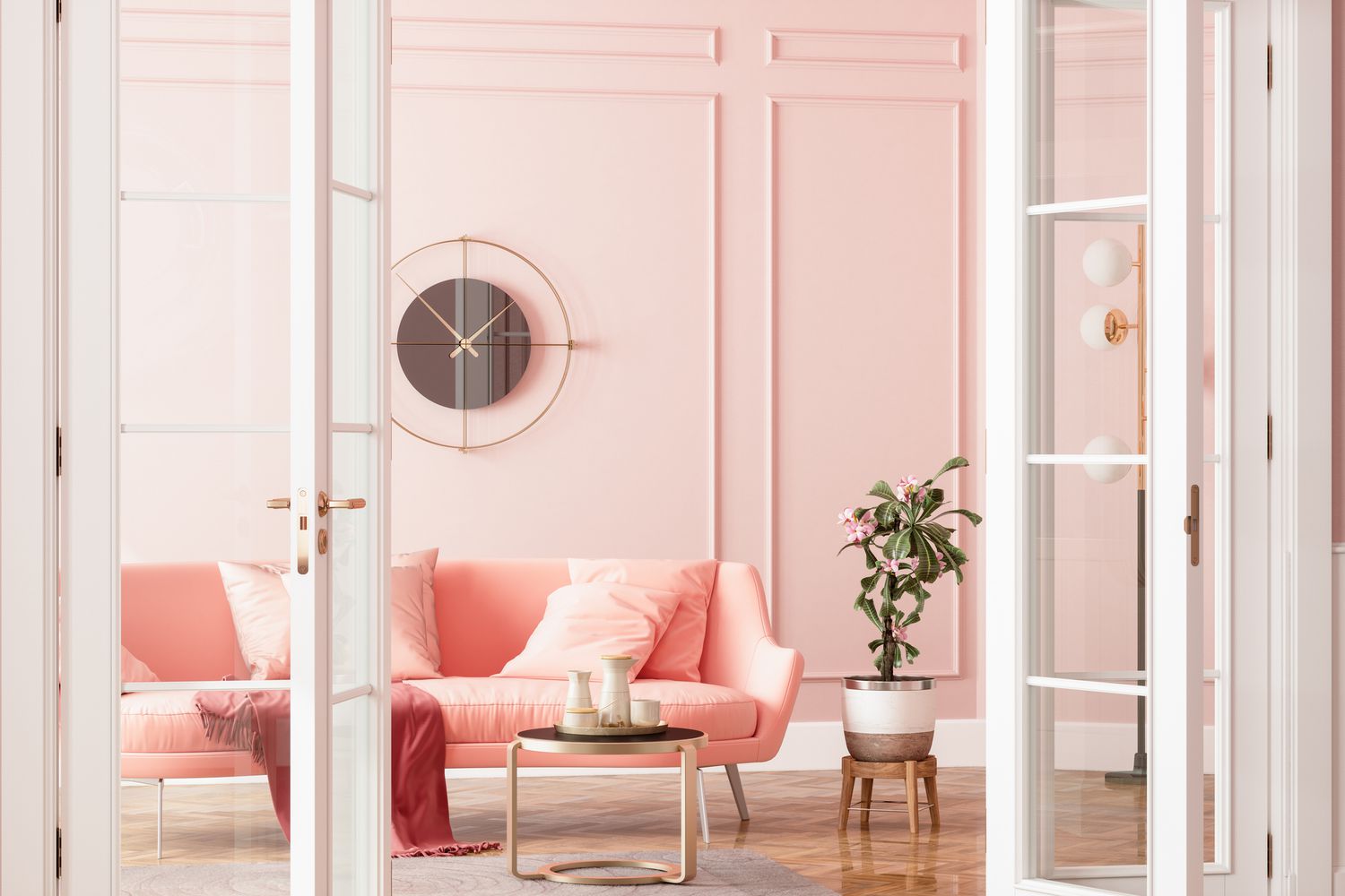Salon rose avec canapé rose