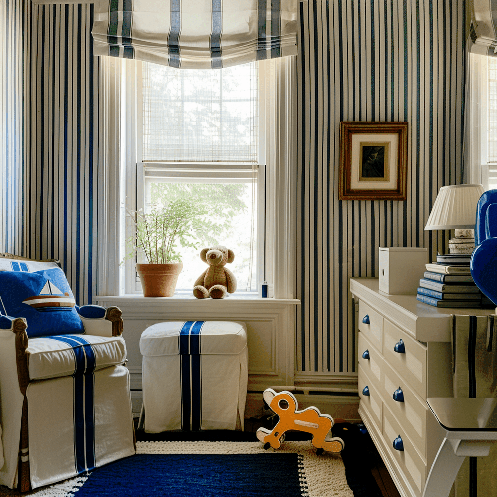 Chambre d'enfant avec du bleu et des rayures