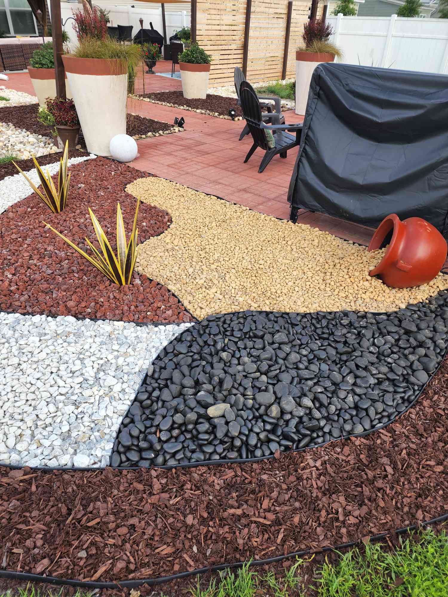 Un jardin de rocaille multicolore dans une arrière-cour