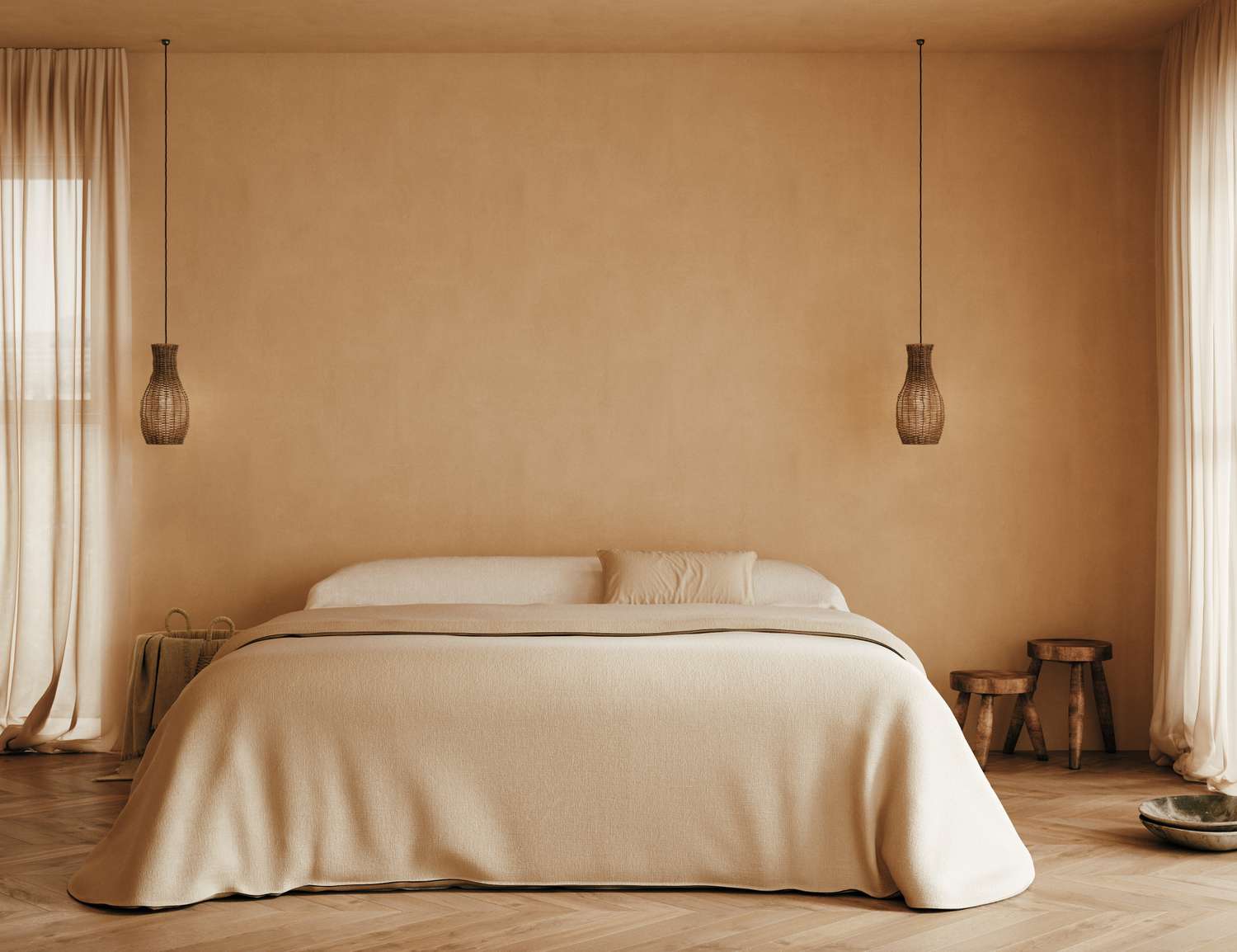 Intérieur de chambre à coucher confortable beige Japandi
