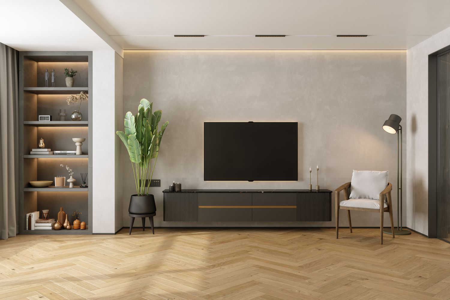 Intérieur de salon avec un téléviseur LCD, une plante en pot, un fauteuil et des décorations