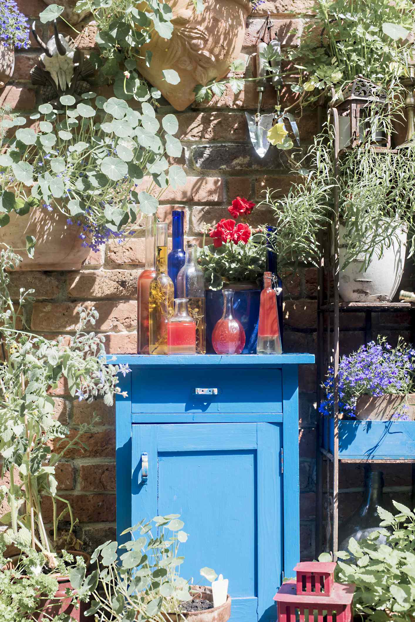 Armoire bleue dans le jardin avec des bouteilles en verre