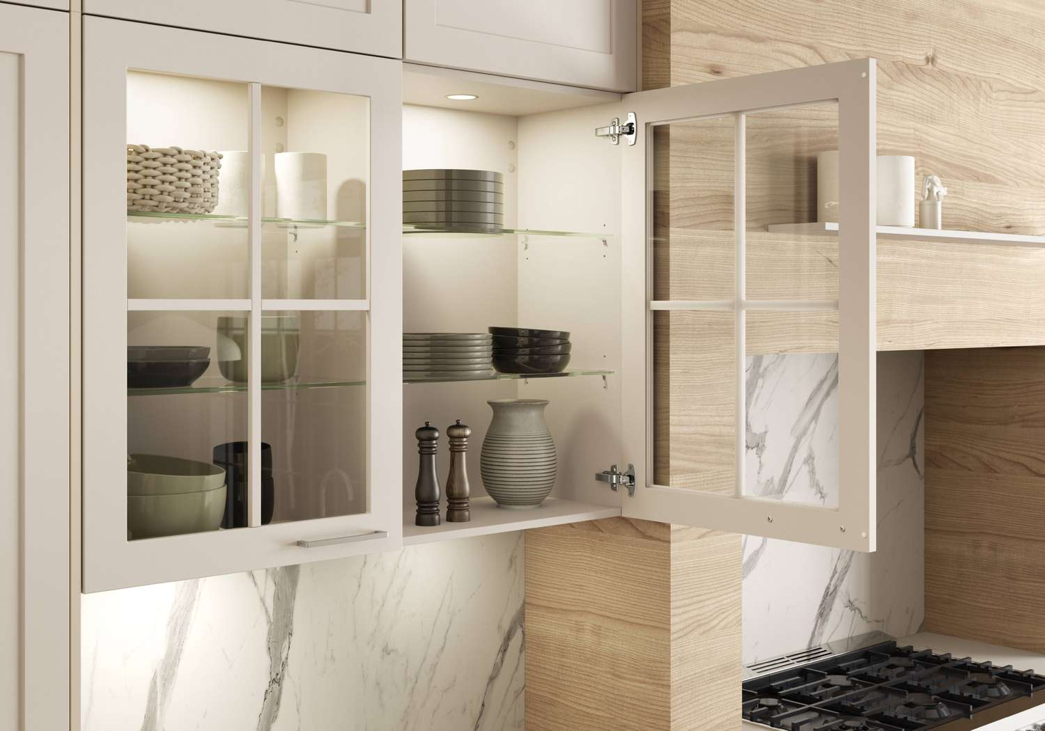 glass-front kitchen cabinets with interior lighting