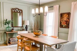 Light green dining room.