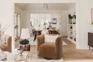 View of living room interior in neutral color palette
