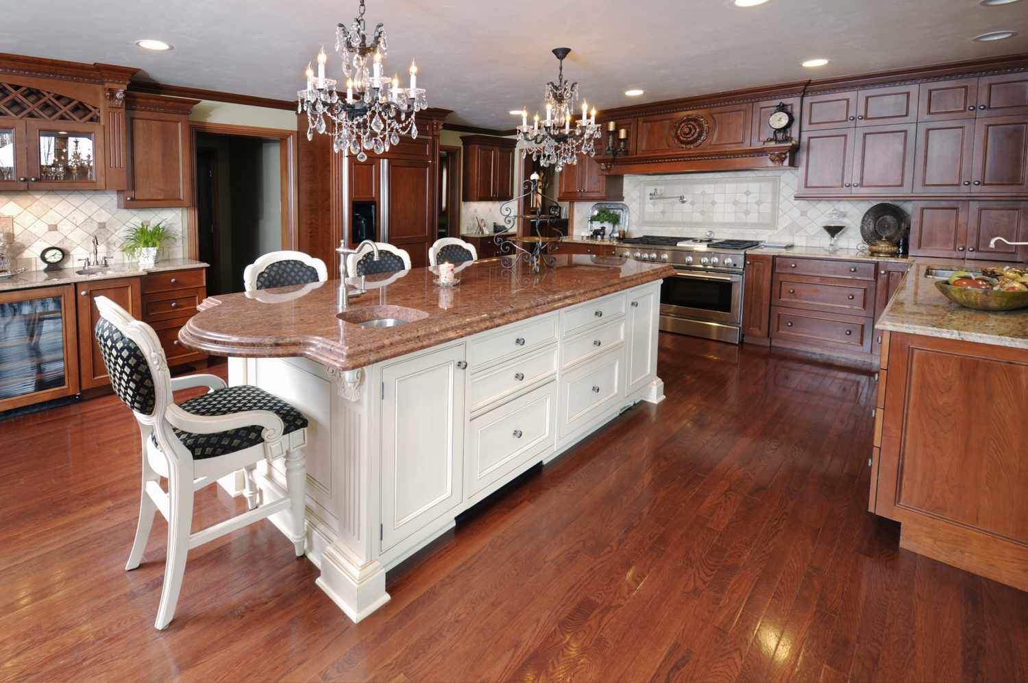 Traditional wood kitchen cabinets.