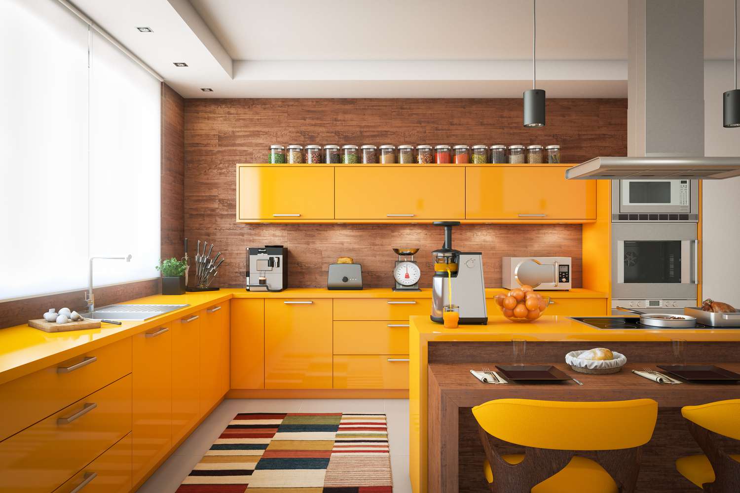 Yellow and brick kitchen
