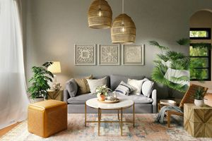 Living room interior with gray walls