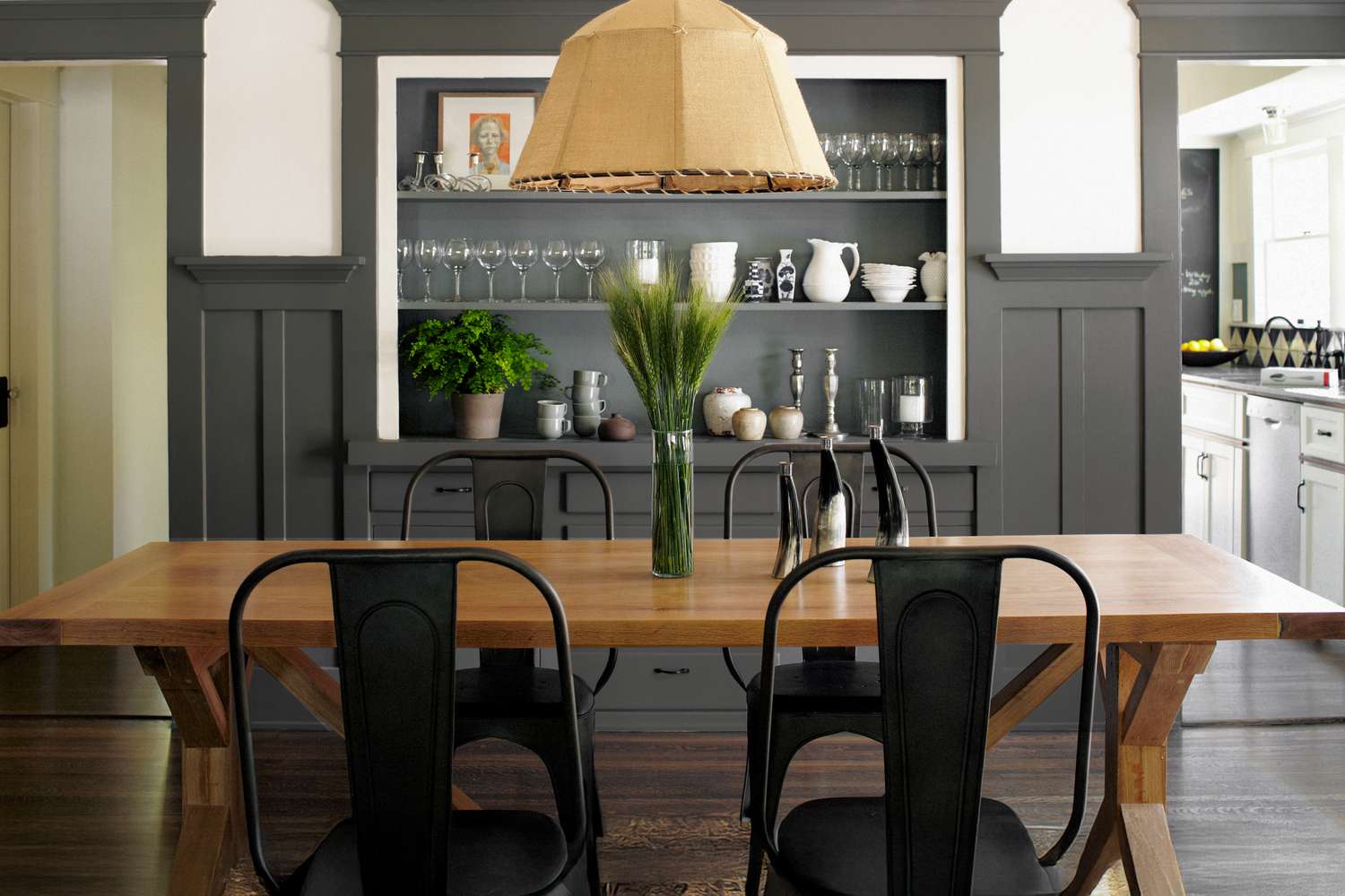 Craftsman dining room with charcoal gray paint