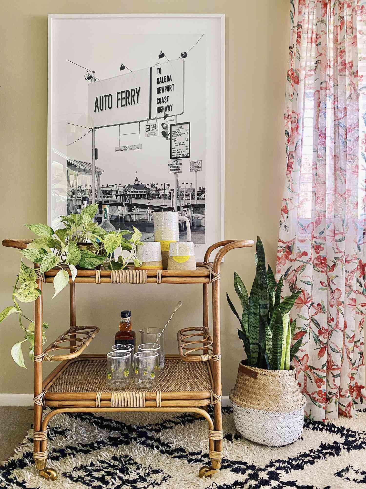 vintage rattan bar cart