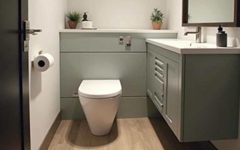Cabinet de toilette moderne avec eau courante dans un petit espace bien agencé.