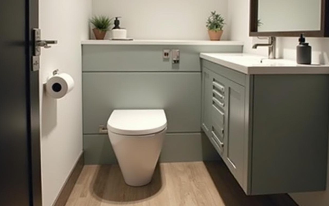 Cabinet de toilette moderne avec eau courante dans un petit espace bien agencé.