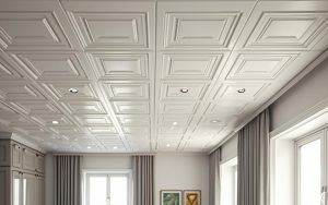 Plafond rénové avec des dalles en polystyrène dans un intérieur moderne.