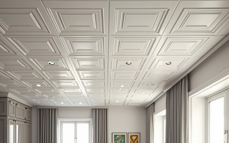 Plafond rénové avec des dalles en polystyrène dans un intérieur moderne.