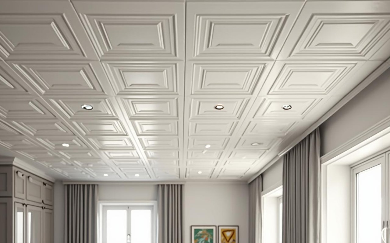 Plafond rénové avec des dalles en polystyrène dans un intérieur moderne.