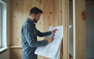 Professionnel évaluant un mur porteur dans un appartement avant des travaux.