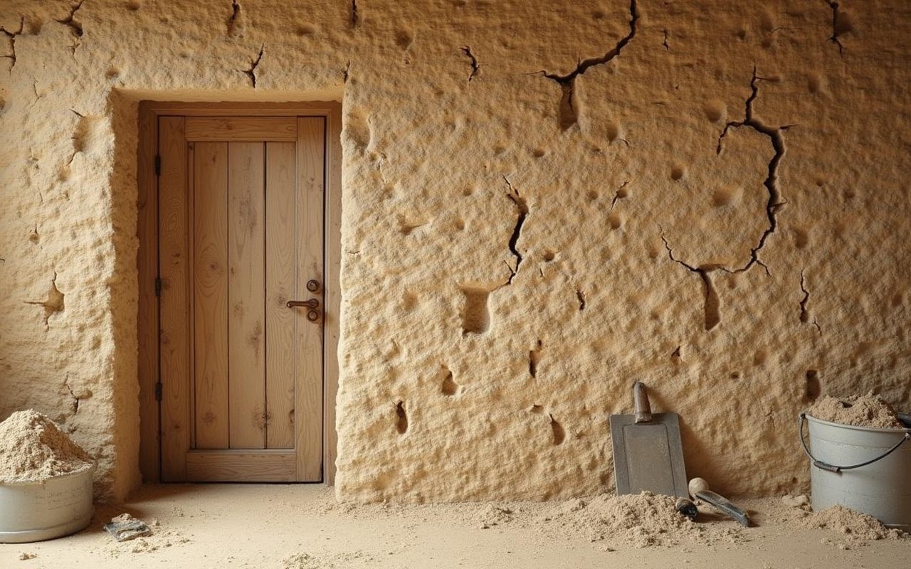 Mur en torchis avec fissures et traces d'humidité, outils de rénovation à proximité.