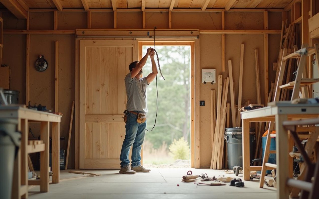 Un bricoleur assemble une porte coulissante en bois dans son atelier.