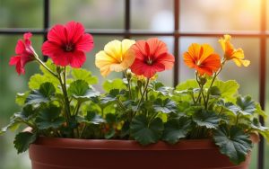 Jardinière de 50 cm avec trois géraniums colorés sur un balcon ensoleillé.