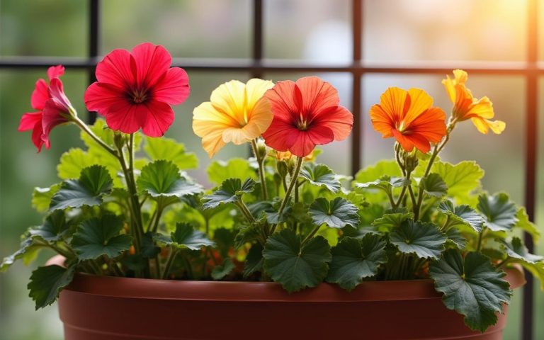 Jardinière de 50 cm avec trois géraniums colorés sur un balcon ensoleillé.