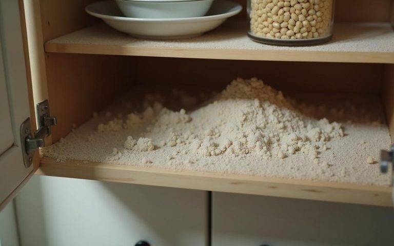 Cuisine avec signes d'infestation par des insectes blancs, montrant des aliments contaminés.