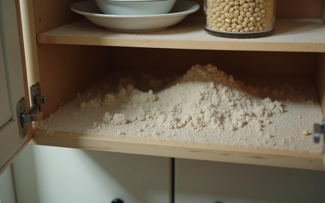 Cuisine avec signes d'infestation par des insectes blancs, montrant des aliments contaminés.