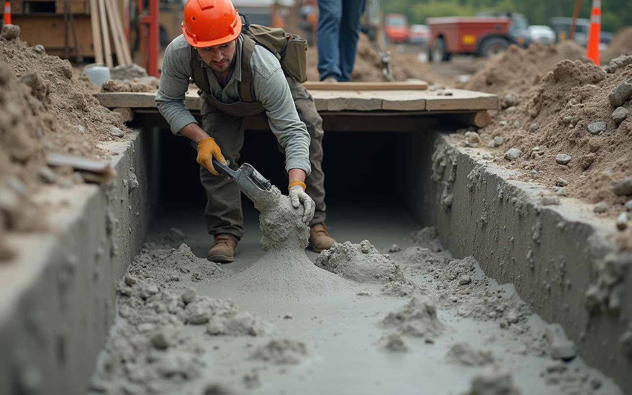 Remblaiement de cave avec béton autocompactant en cours, illustrant la technique et la durabilité.