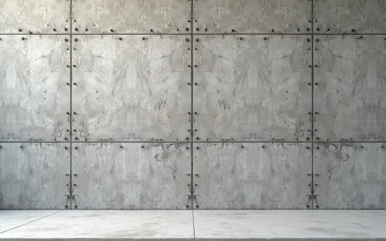 Mur en béton avec arase montrant différentes épaisseurs et éléments de fixation.
