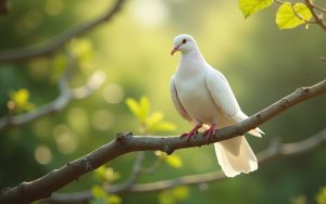 Tourterelle blanche dans un jardin paisible, symbole d'amour et de paix.