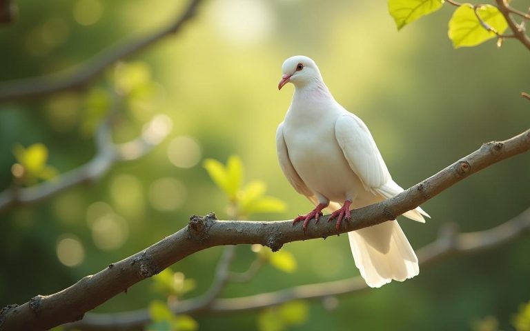 Tourterelle blanche dans un jardin paisible, symbole d'amour et de paix.