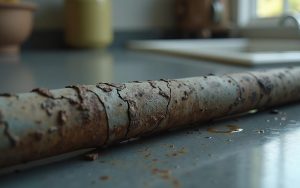 Tuyau de gaz usé et corrodé dans une cuisine moderne, illustrant les dangers d'une installation dégradée.