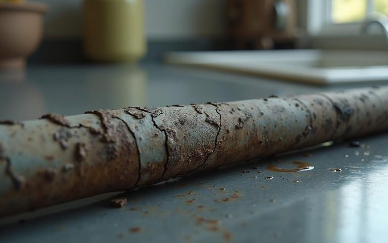 Tuyau de gaz usé et corrodé dans une cuisine moderne, illustrant les dangers d'une installation dégradée.