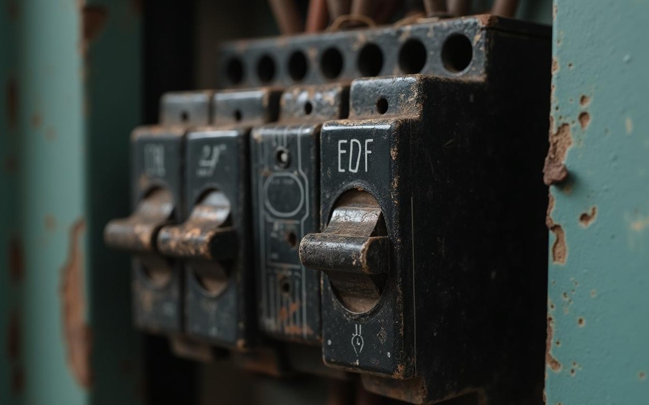 Vieux disjoncteur EDF noir avec signes d'usure dans un tableau électrique ancien.