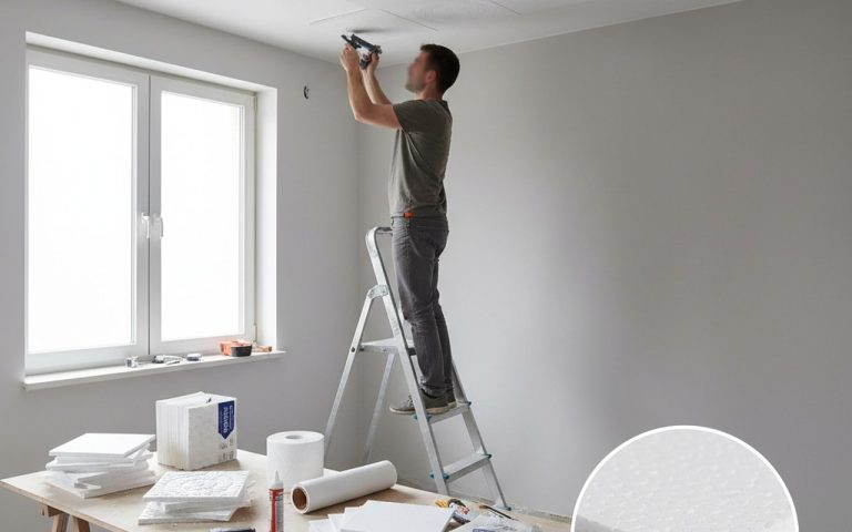 Illustration réaliste sur Dalle polystyrène plafond : guide complet d'installation et de choix
