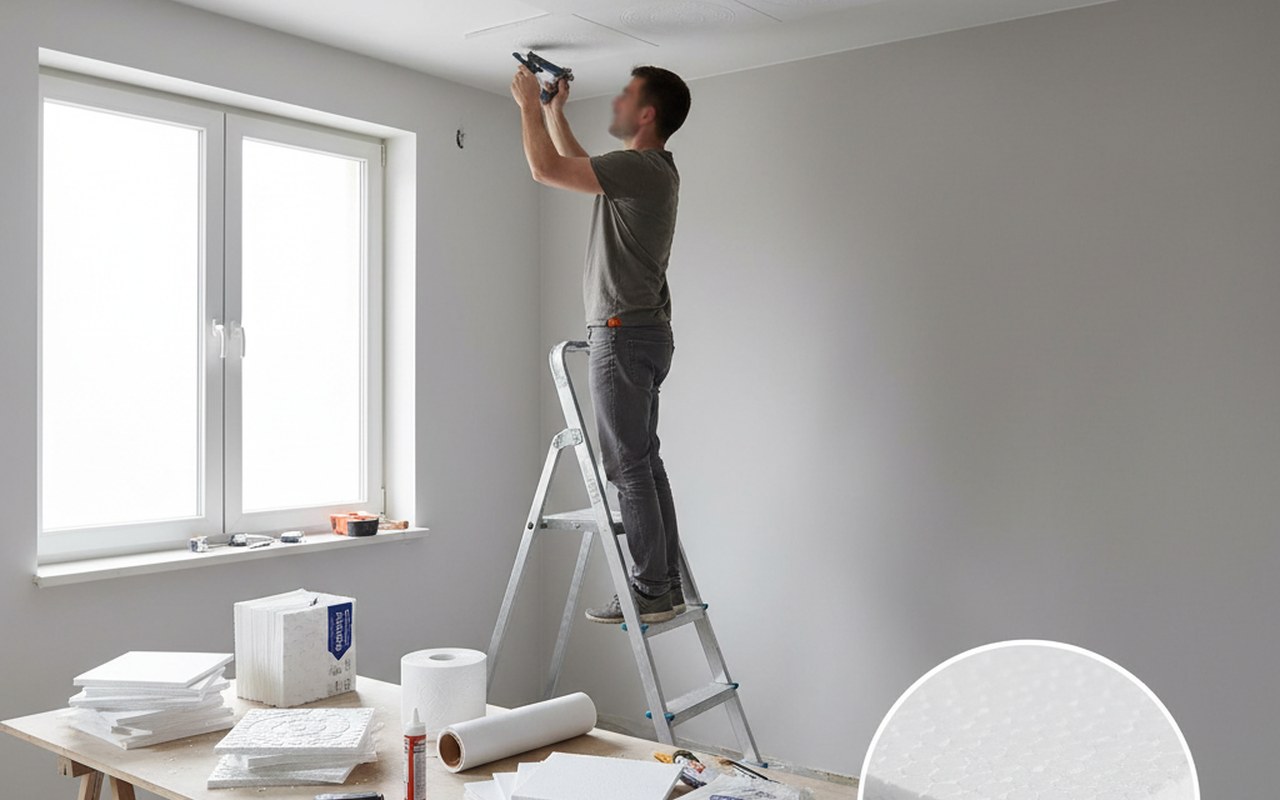 Illustration réaliste sur Dalle polystyrène plafond : guide complet d'installation et de choix