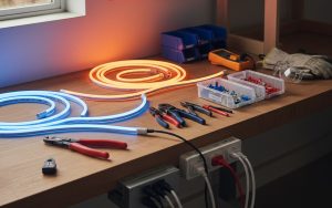 Installation sécurisée de néons LED avec outils de bricolage sur une table