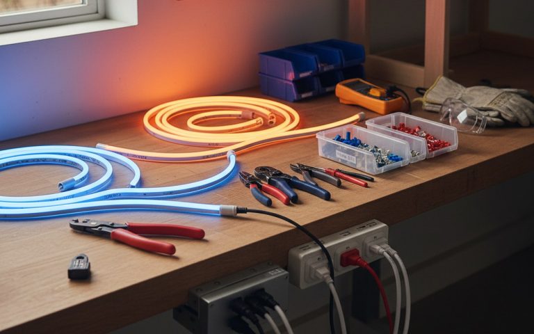 Installation sécurisée de néons LED avec outils de bricolage sur une table