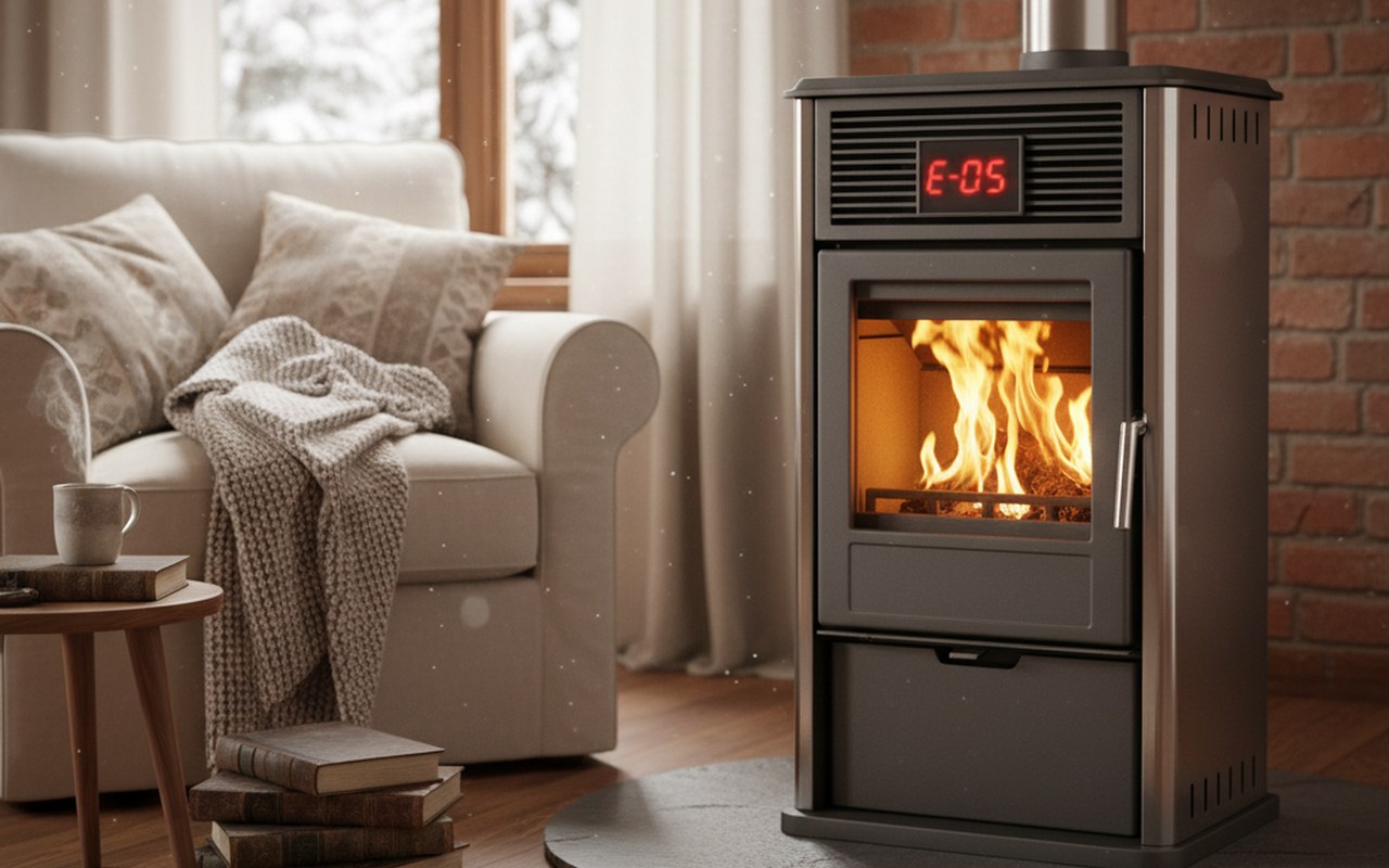 Poêle à granulés Extraflame affichant un code erreur dans un intérieur chaleureux.
